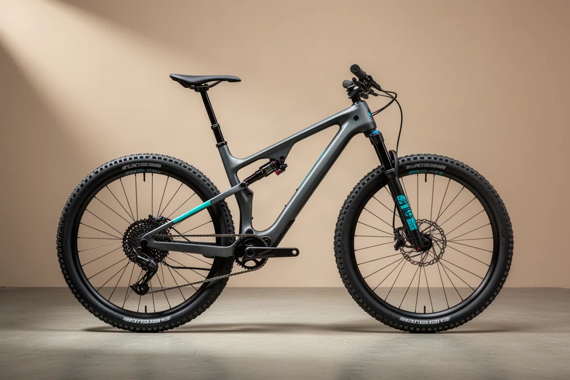 Lichtgewicht carbon cross-country mountainbike in zijaanzicht op een betonnen ondergrond