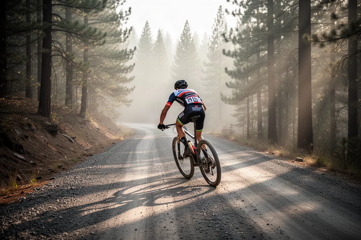 Kolarz górski cross-country wjeżdżający gładką drogą leśną w porannym świetle