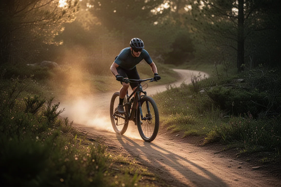 Rowerzysta na krótko skokowym rowerze cross-country na szybkim, płynnym szlaku w złotej godzinie