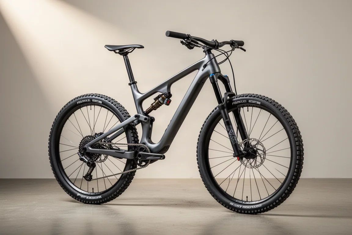 Volledig geveerde carbon cross-country mountainbike op een mat betonnen oppervlak