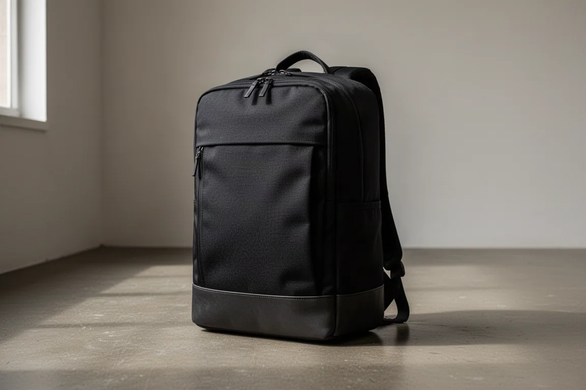 Sac à dos robuste dressé à la verticale sur sa base plate sur une surface en béton