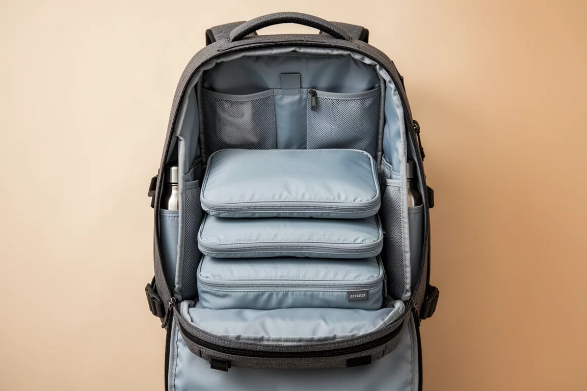Compartiment principal ouvert d'un sac à dos avec des cubes de rangement empilés à l'intérieur