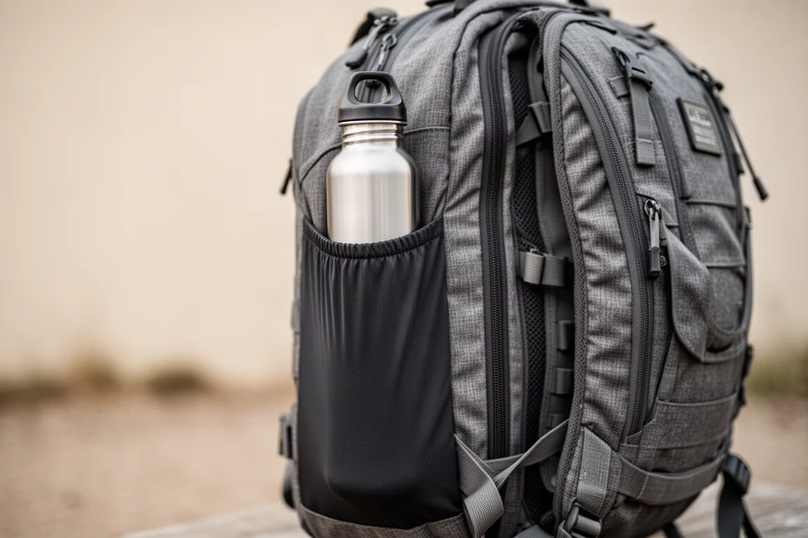 Hohe, elastische Seitentasche mit schlanker Wasserflasche an einem Rucksack