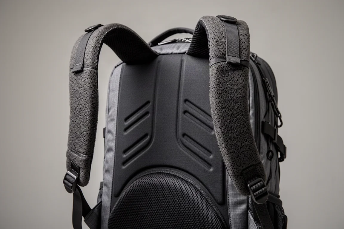 Rückseite und Schultergurte eines Rucksacks mit gepolstertem Lendenwirbelkrümmung