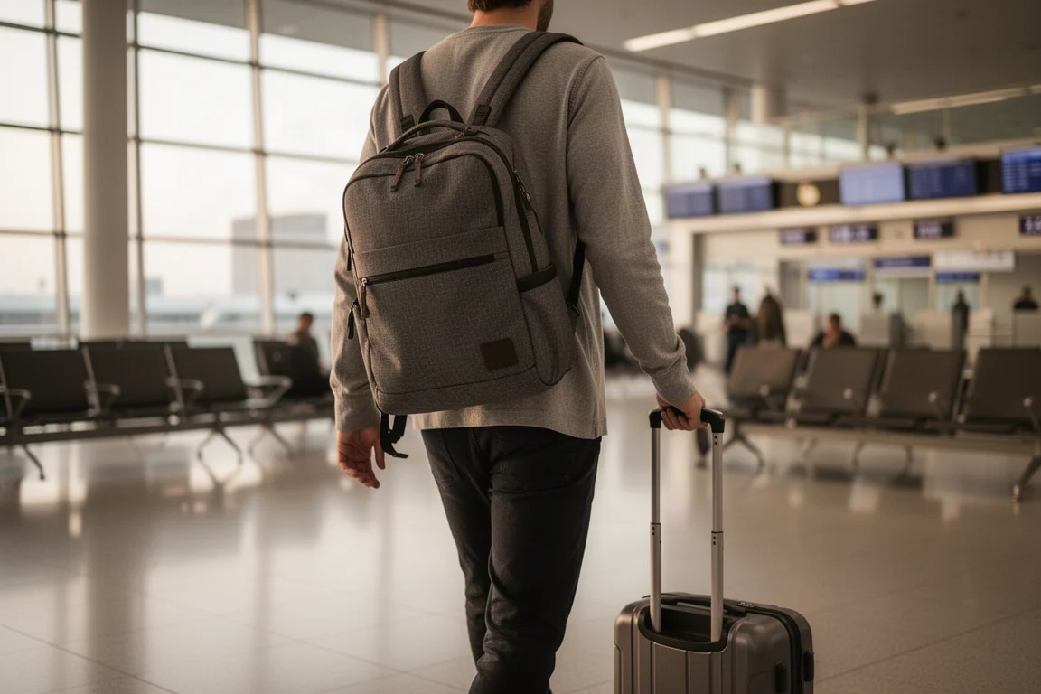Reisender mit Rucksack und Trolley läuft durch ein Flughafenterminal