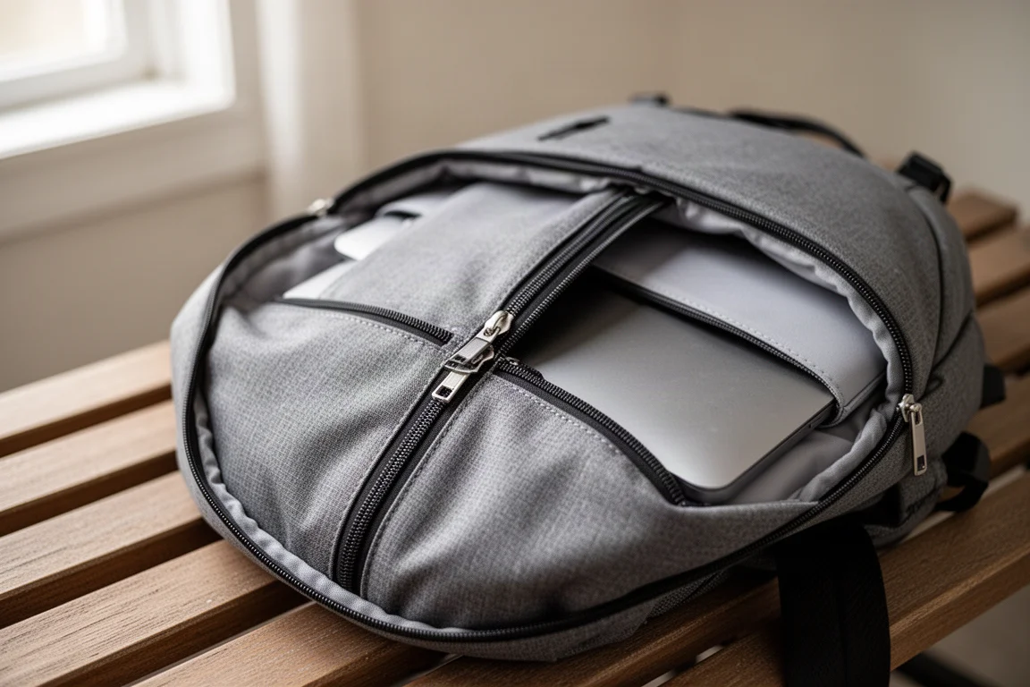 Geöffneter Rucksack auf einer Bank mit Innenfächern und Laptophülle