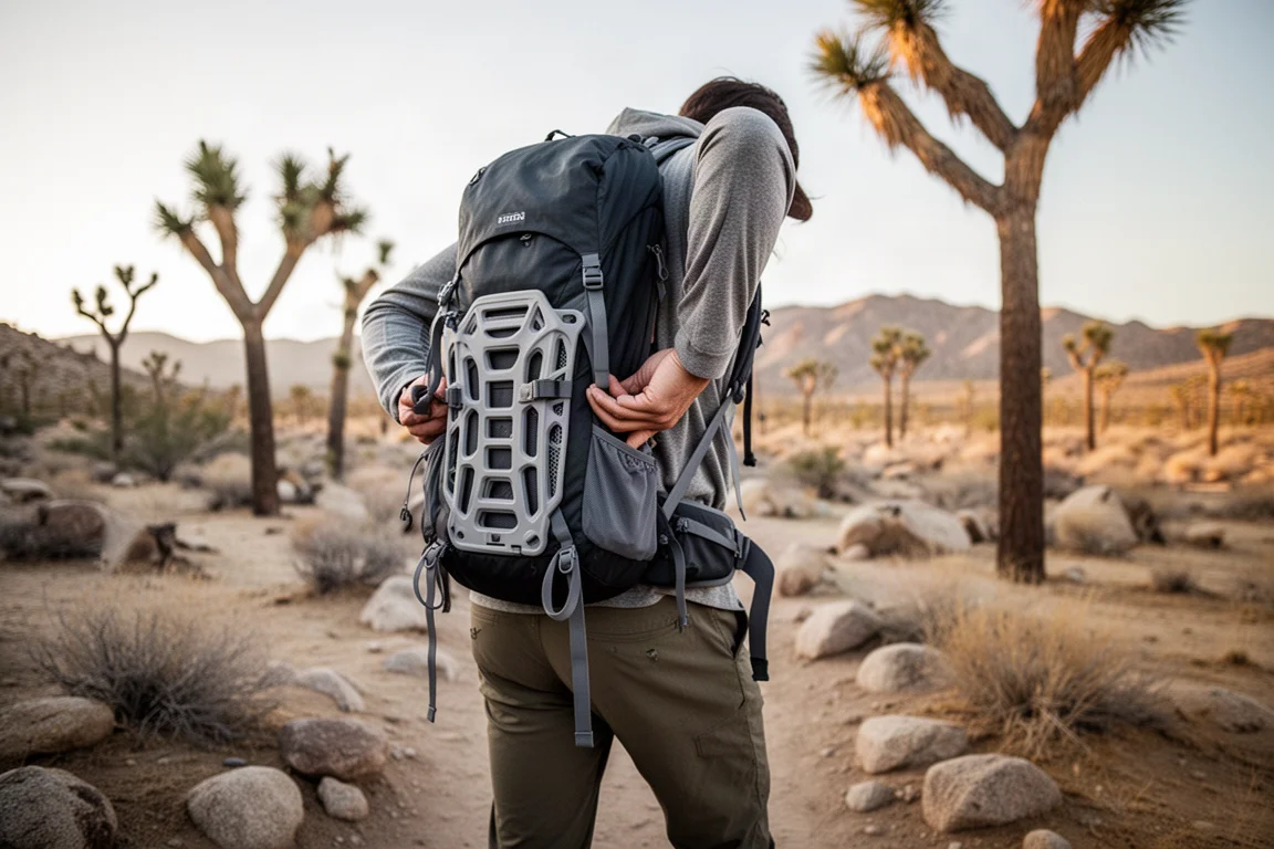 Wanderer auf einem Wüstenpfad stellt einen Rucksack mit harter Rückenplatte ein