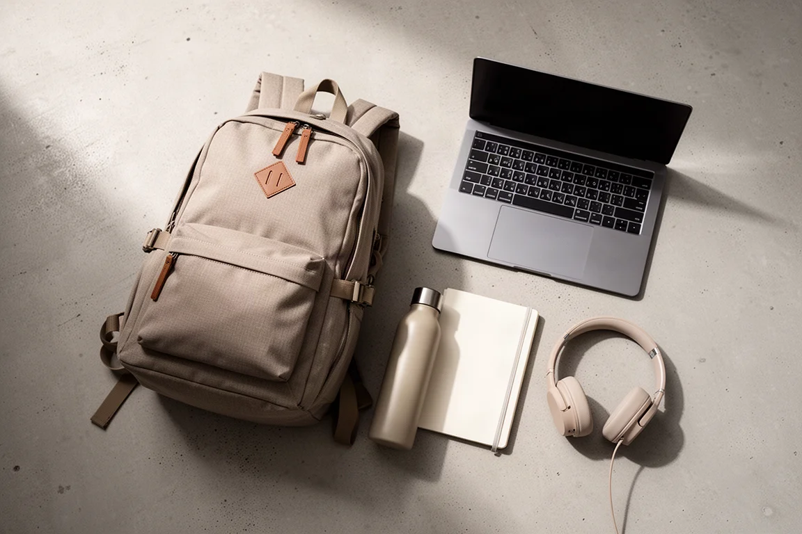 Flatlay eines Rucksacks mit Laptop, Wasserflasche, Notizbuch und Kopfhörern