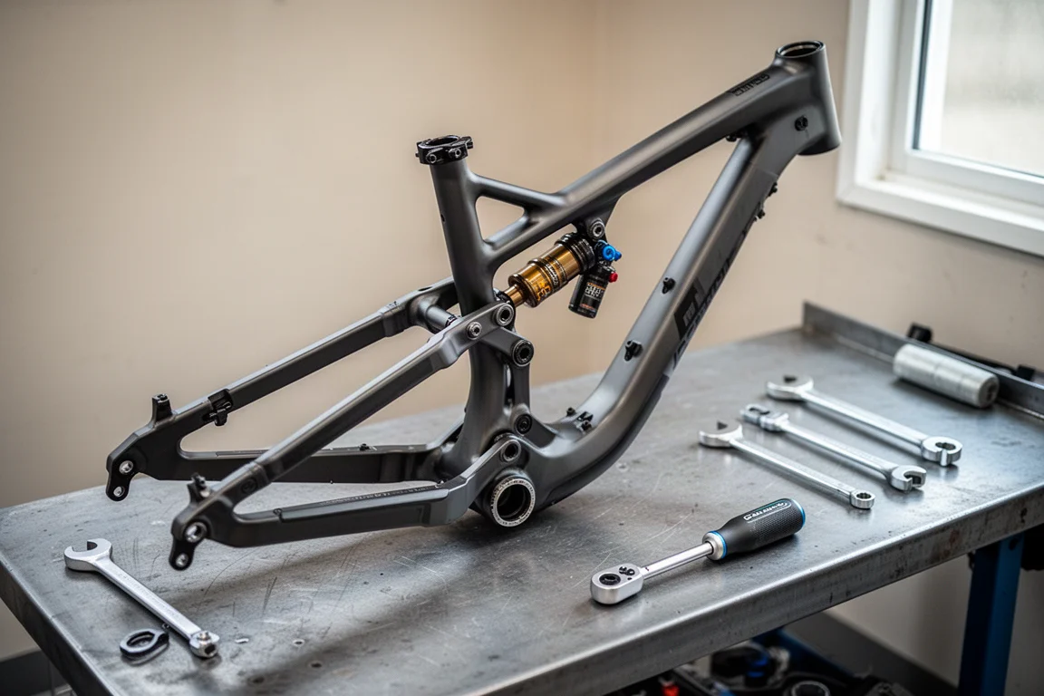 マウンテンバイクのリアサスペンションのロッカーリンクとエアショックのクローズアップ