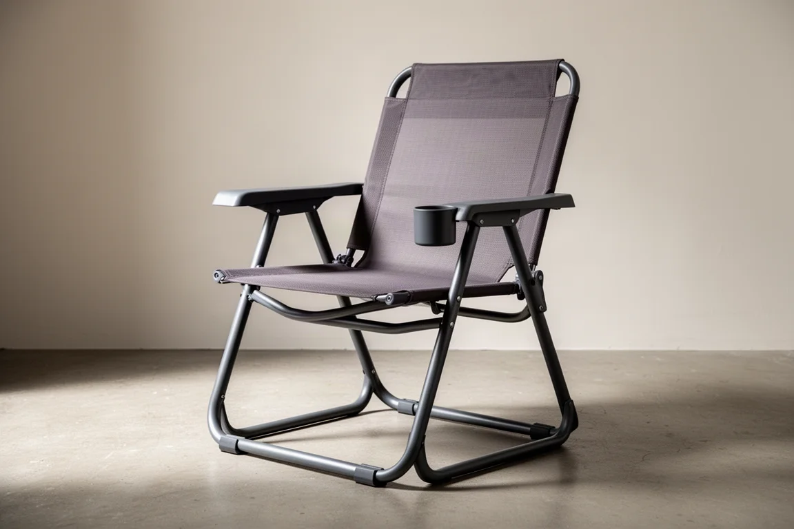 Folding camp chair with mesh seat, hard plastic armrests and a cupholder on a concrete floor