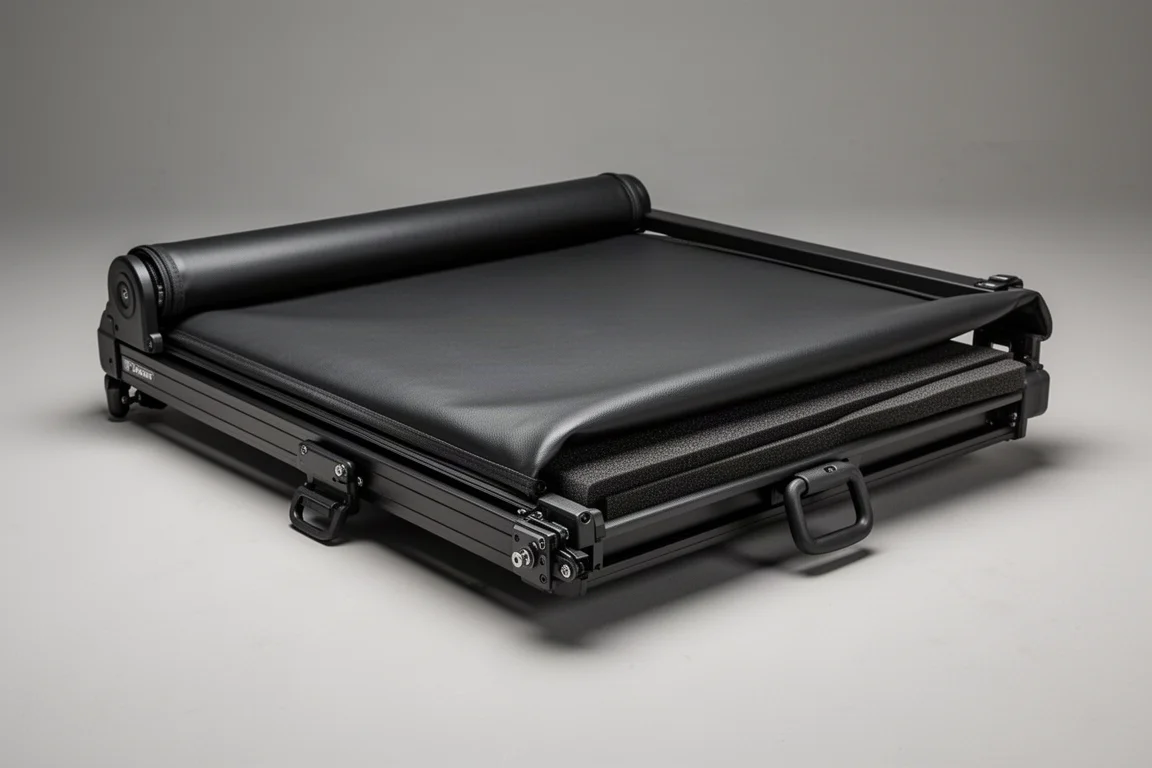 Matte black roll-up tonneau cover with side rails on a grey studio backdrop