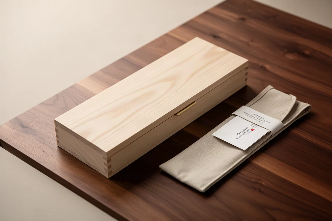 Kiri-Messerbox aus Paulownia-Holz mit Stoffhülle auf dunklem Tisch