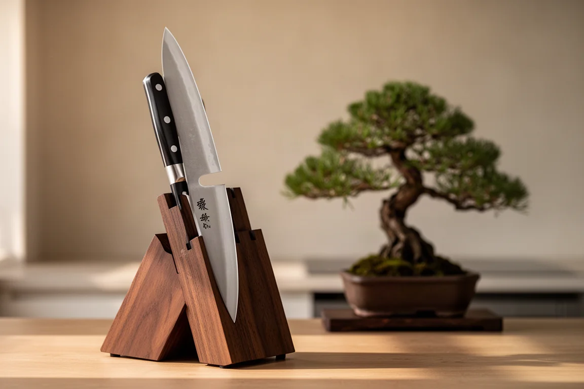 Japanisches Messer in einem hölzernen Messerblock in ruhiger Küchenatmosphäre