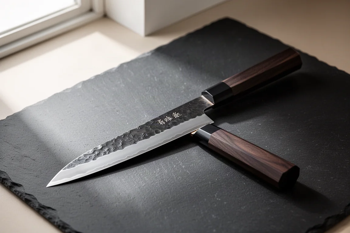 Japanisches Gyuto-Messer mit ummantelter geschmiedeter Klinge und achteckigem Griff auf dunklem Schiefer
