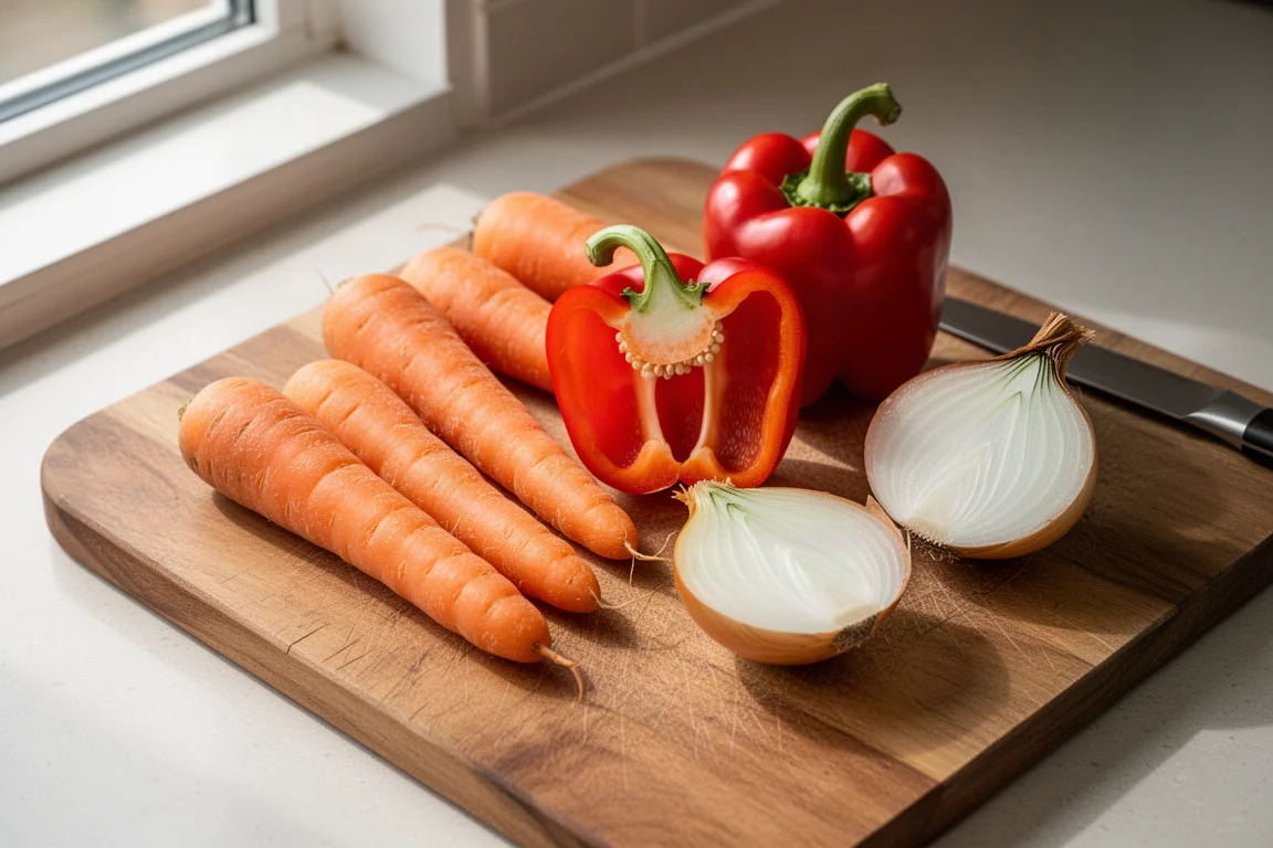Frische Karotten und Paprika auf einem hölzernen Schneidebrett in einer Küche arrangiert
