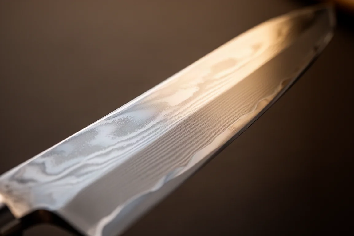 Polished damascus blade catching soft light showing layered pattern and contoured spine