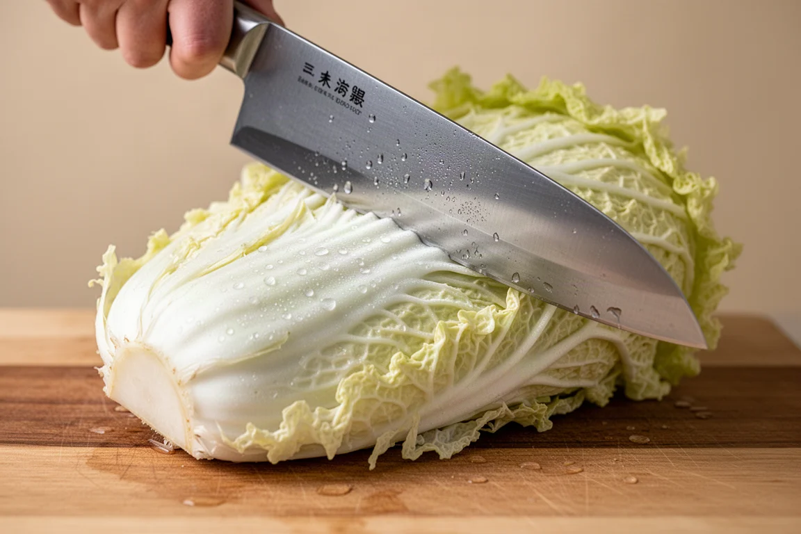 Wide thin blade slicing through crisp Napa cabbage leaves on a wooden board