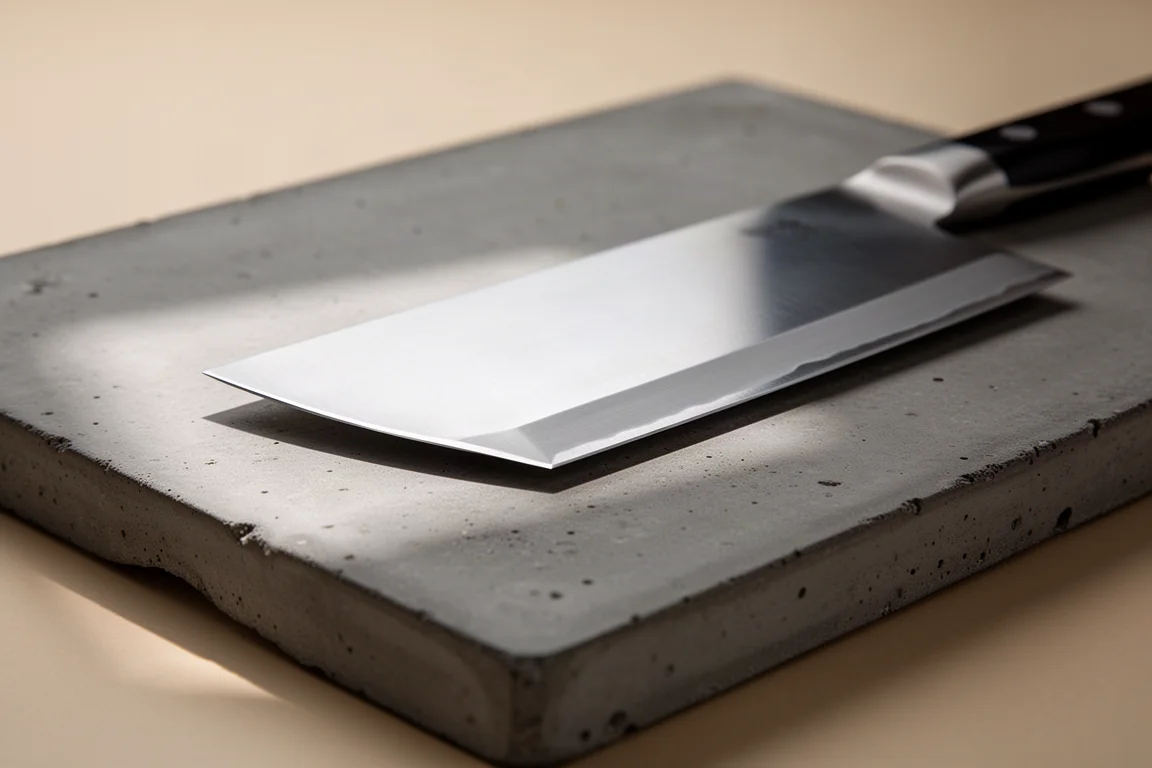 Close-up of a thin knife edge and contoured choil resting on a cutting board