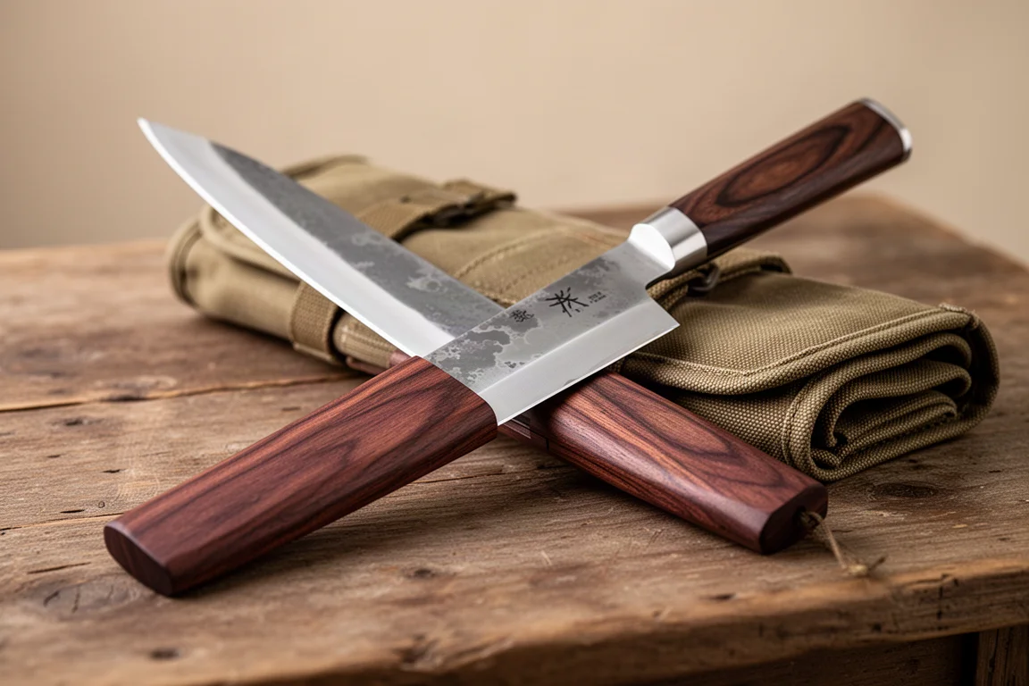 Knife protected inside a handcrafted rosewood saya beside camping cookware