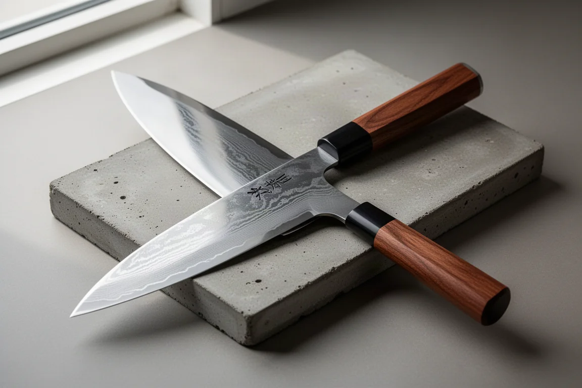 Yoshimi Kato Migaki Damascus Chukabocho knife with polished wide blade on concrete board