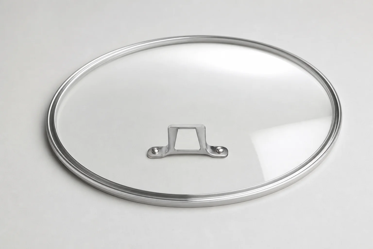 Tempered glass wok lid with aluminum frame and mounting bracket detail