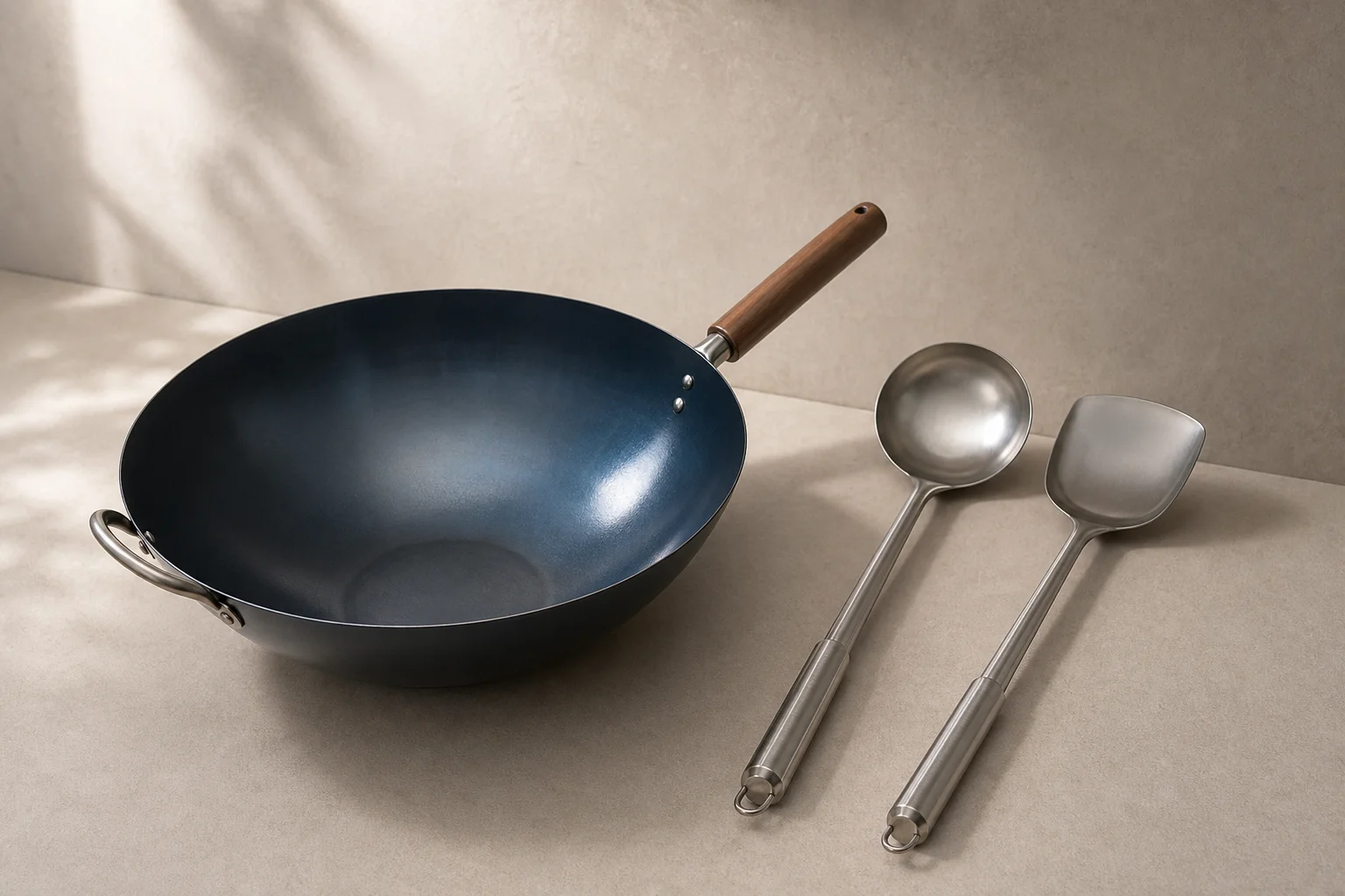 Stainless steel ladle and spatula laid beside a wok, showing long reach design