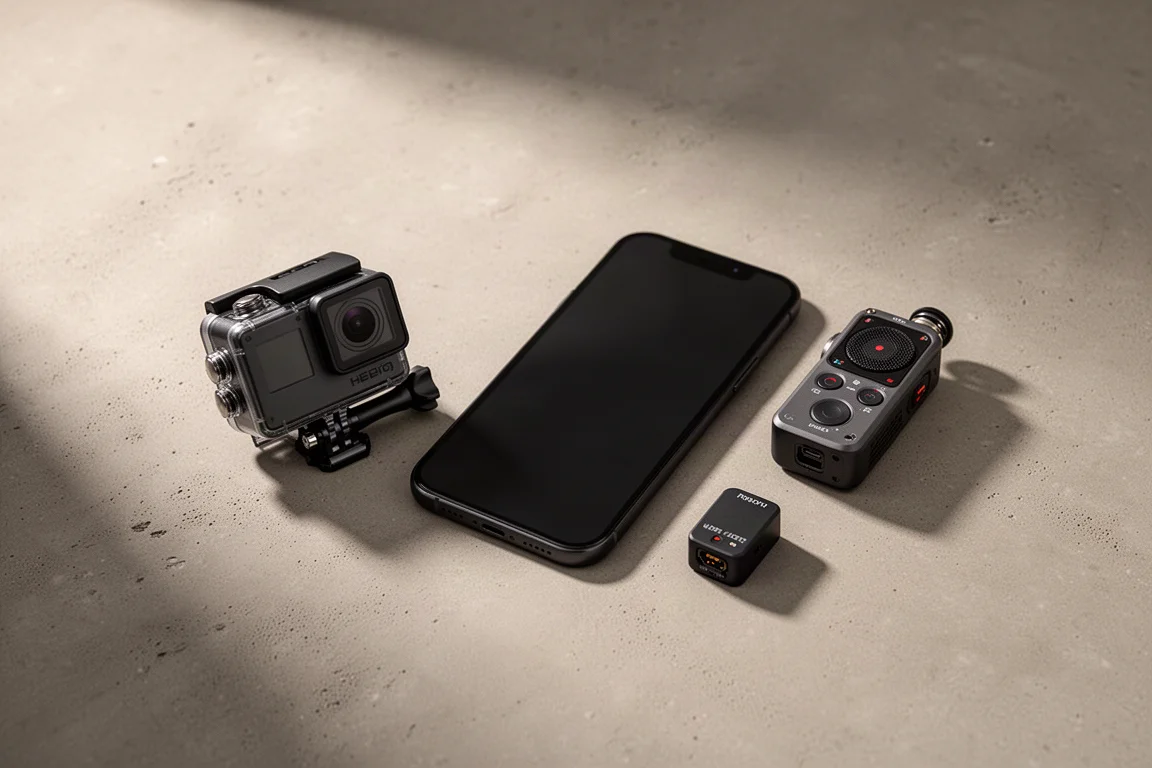 Action camera, smartphone, and handheld audio recorder arranged on a concrete surface