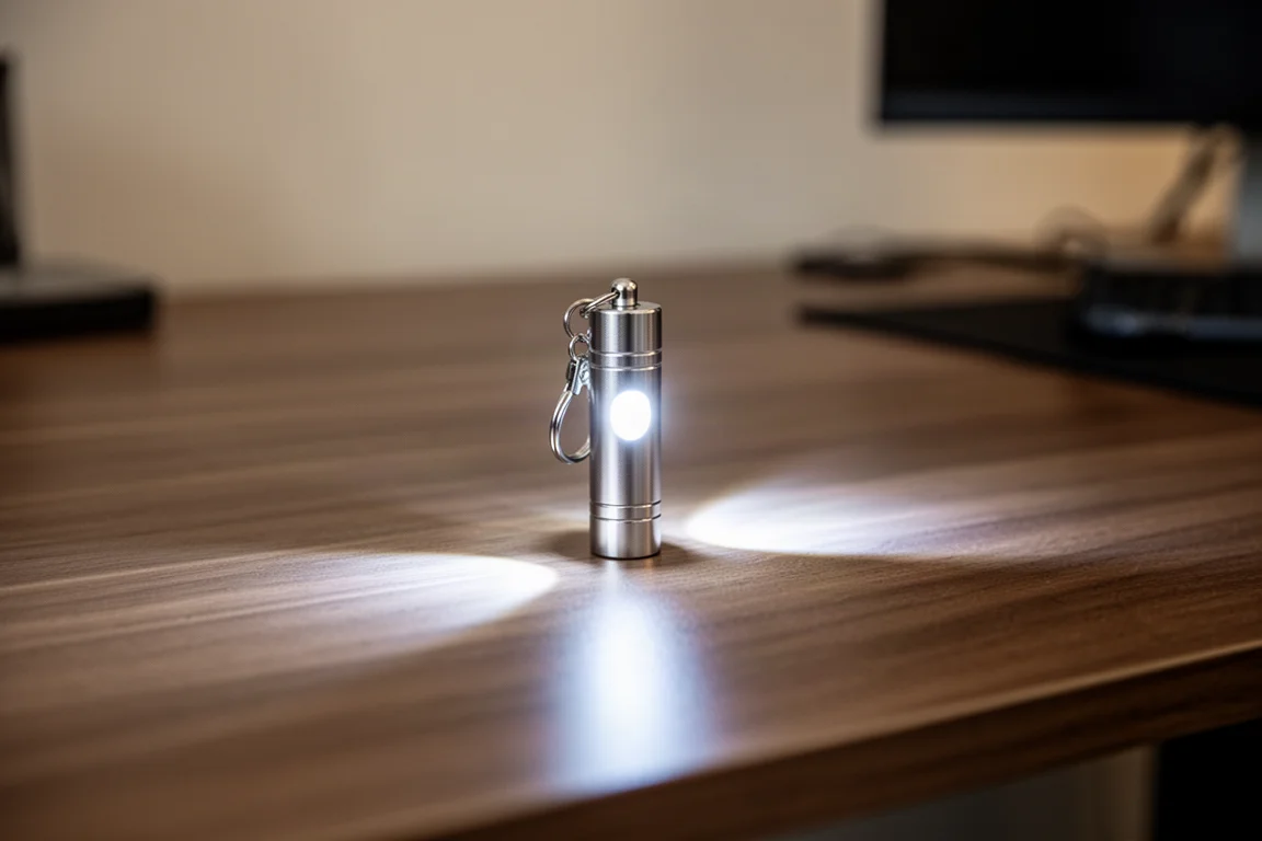 Tiny keychain flashlight held over a desk casting a cool white beam