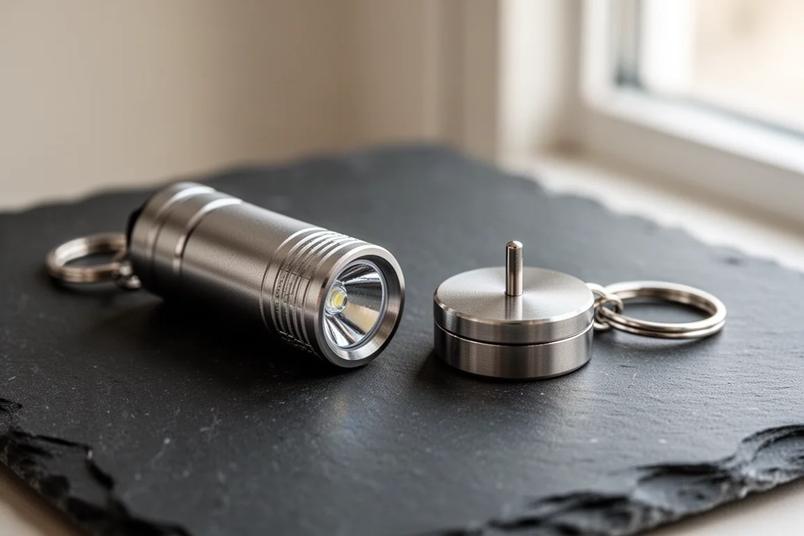 Magnetic base with small stem separating from a tiny flashlight body