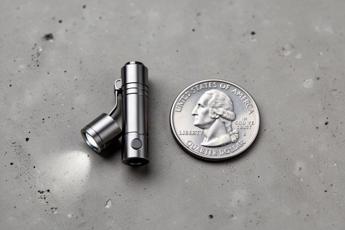 Small flashlight beside a US quarter coin for size comparison