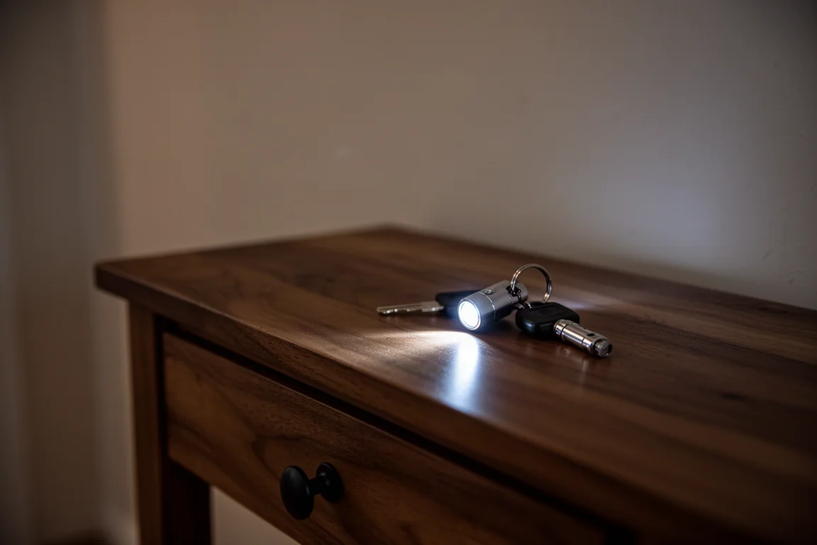 Keys and a small flashlight on a table in a dim hallway