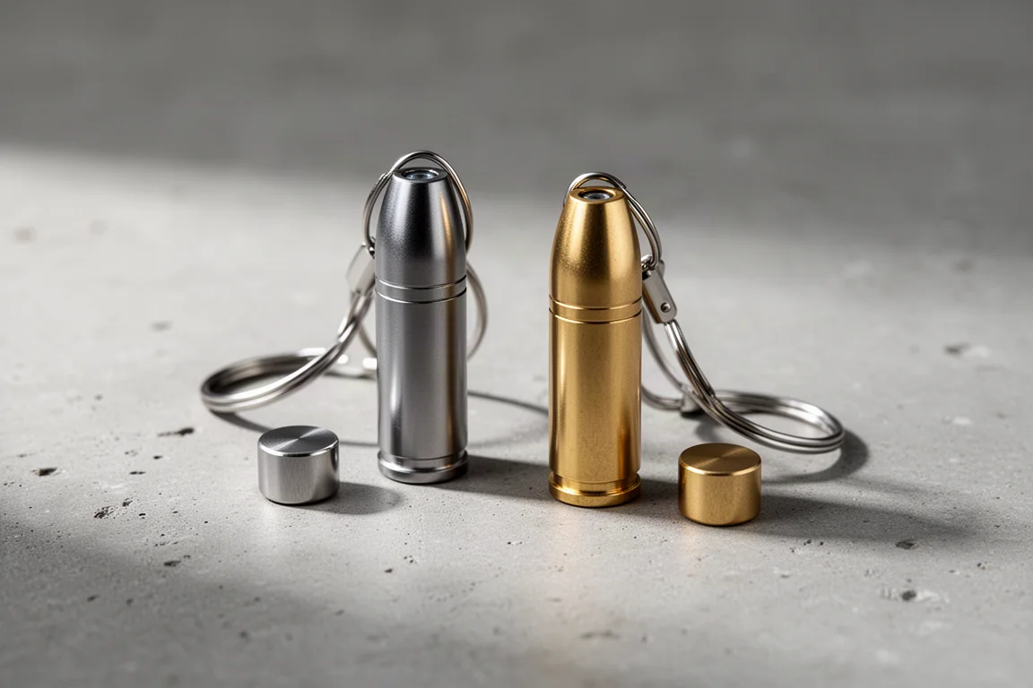 Ysmart Bullet Schlüsselbund-Taschenlampen aus Titan und Messing auf einer Betonoberfläche