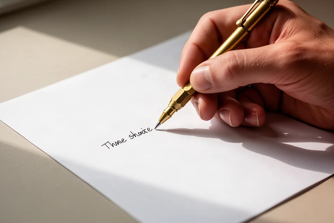 Hand schreibt auf einem Blatt Papier mit einem kurzen Messingbleistift