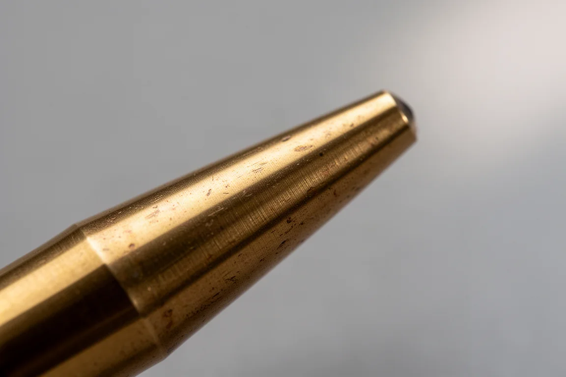 Nahaufnahme der Spitze eines Messingbleistifts mit zulaufender Spitze und patinierter Messingstruktur