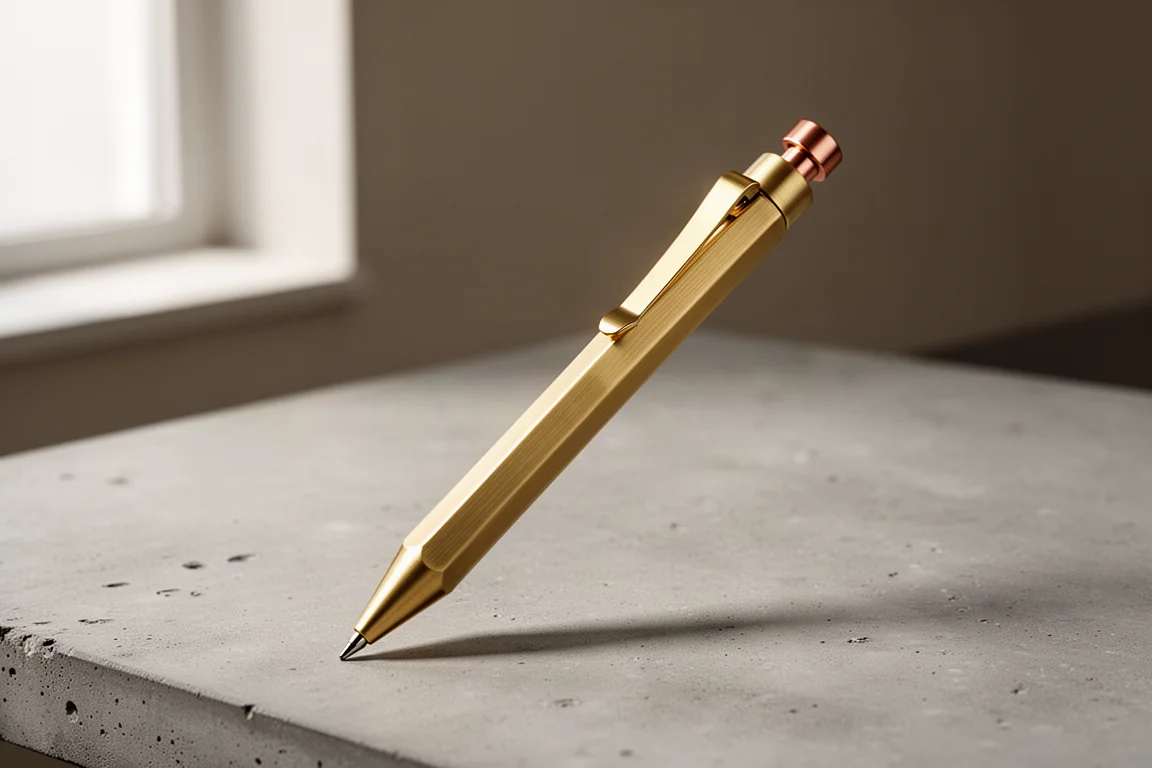 Sechseckiger Messing-Druckbleistift mit Kupferdruckknopf auf Betonoberfläche