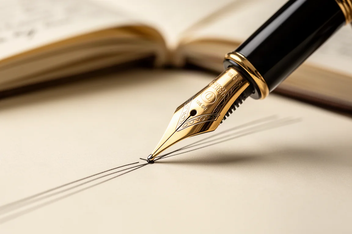 Nib da caneta-tinteiro traçando linhas finas de tinta sobre o papel