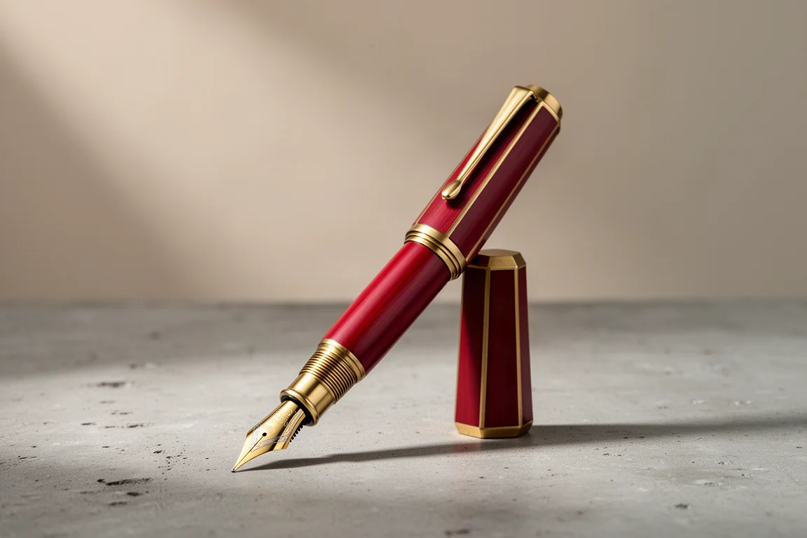 Hexagonal red and brass fountain pen standing on a concrete surface