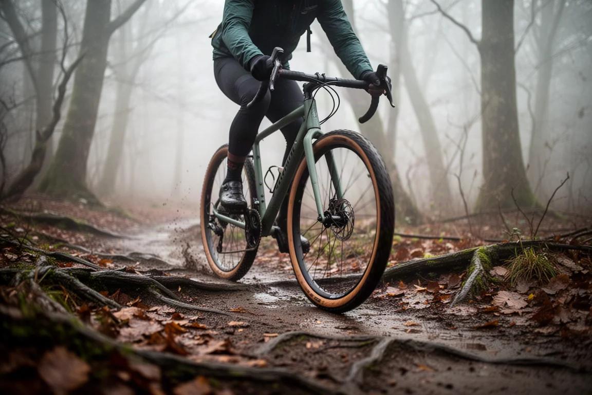 Ciclista gravel su un singletrack bagnato nel bosco, tra radici e foglie cadute