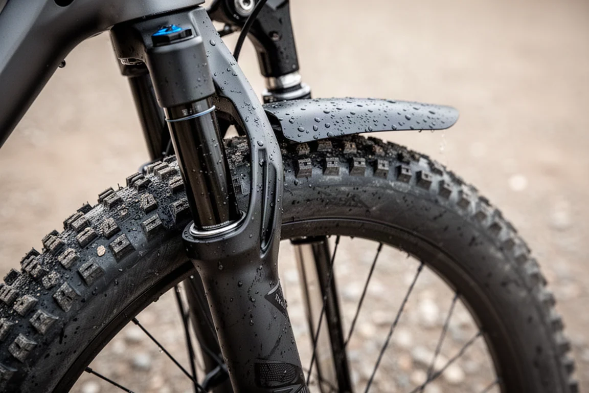 Primo piano della forcella ammortizzata e del pneumatico tassellato di una gravel bike su ghiaia bagnata
