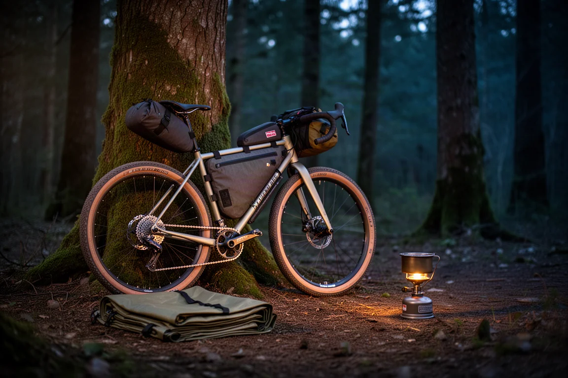 Gravel bike carica di borse da telaio in un campeggio nel bosco al crepuscolo