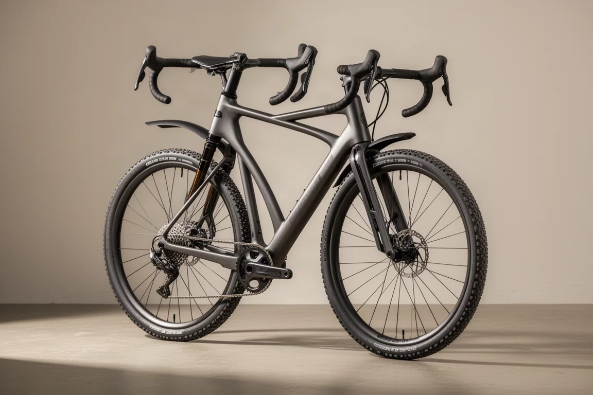 サスペンションフォークと幅42mmのタイヤを備えたフルカーボングラベルバイクがコンクリート面上に置かれている