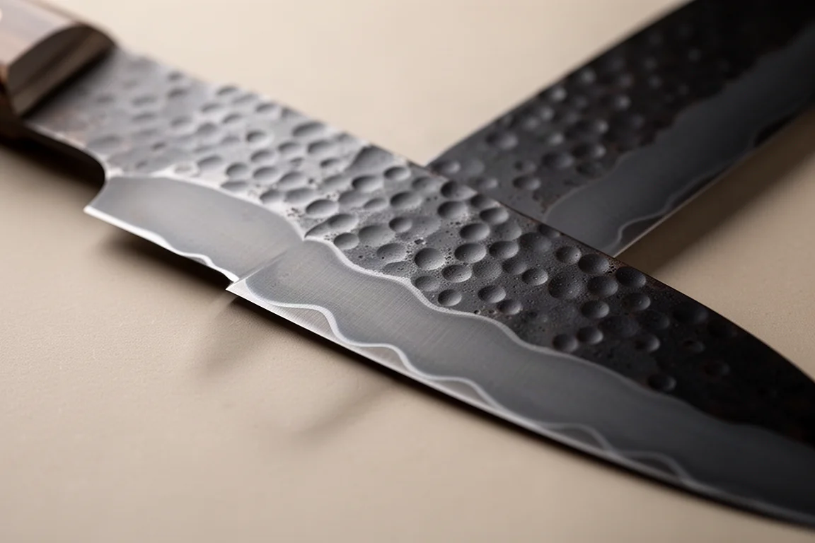 Detail of a hand-hammered tsuchime finish on a dark knife blade
