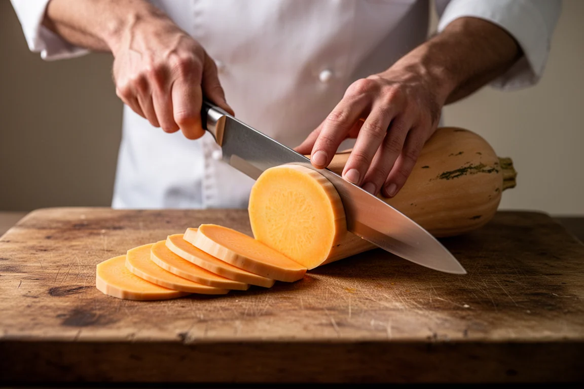 Chef slicing through butternut squash on a wooden cutting board
