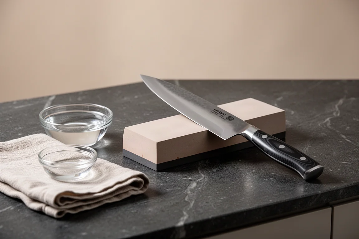 Whetstone sharpening setup beside a carbon steel knife on a kitchen counter