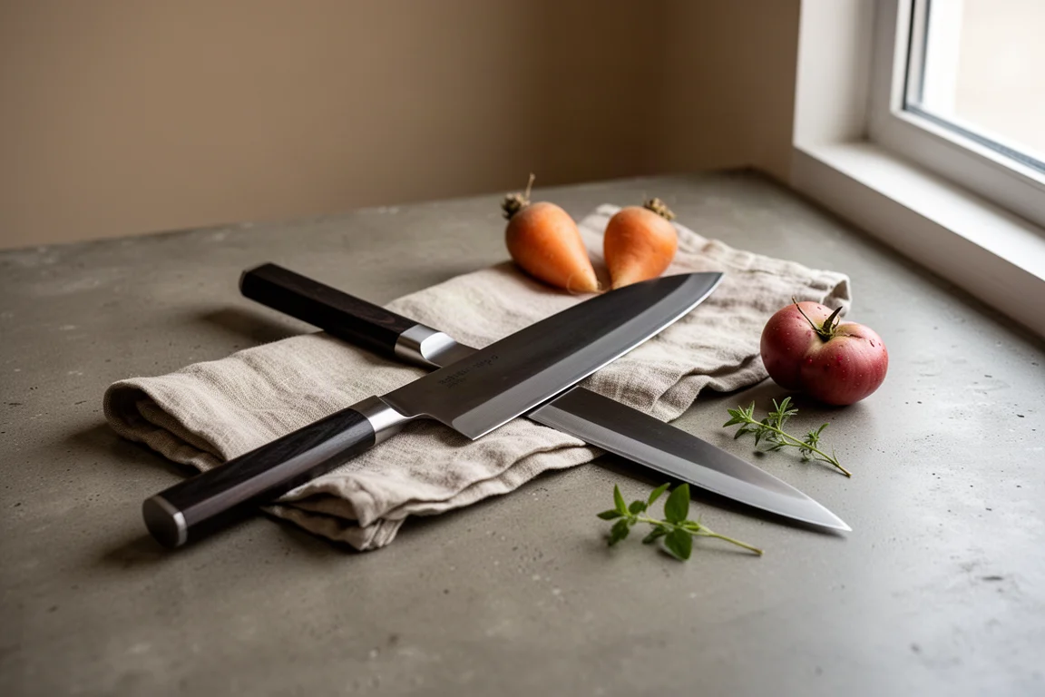 Japanese chef knife resting on a linen cloth beside ingredients
