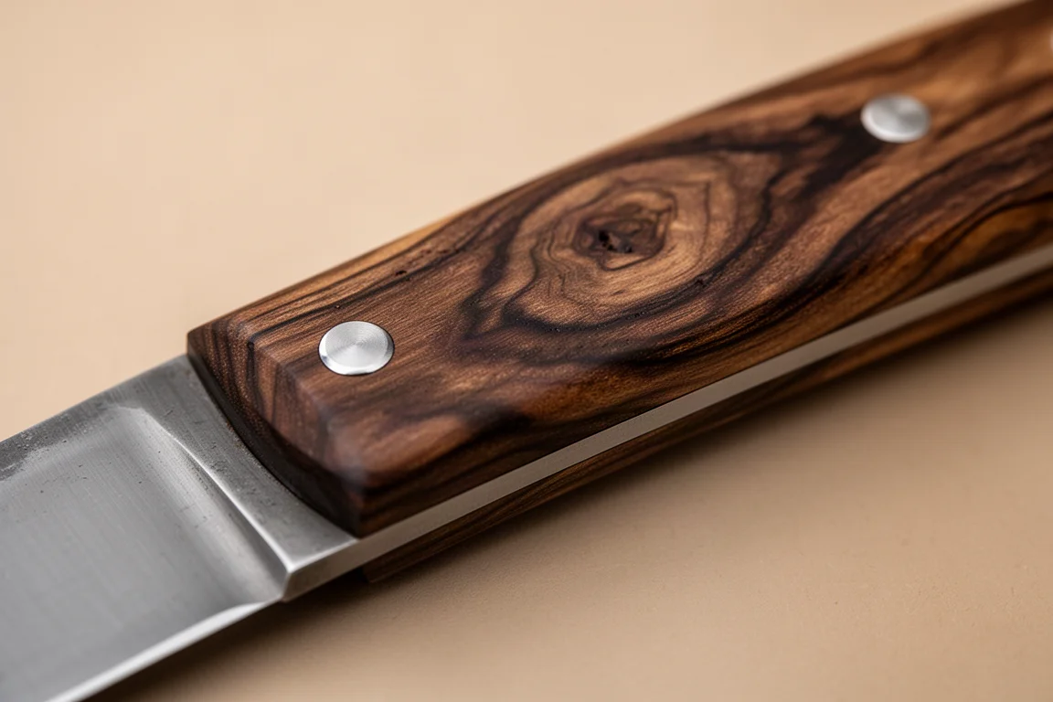 Close-up of a desert ironwood knife handle showing rich wood grain