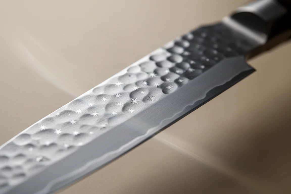 Star-like hammered pattern visible on a stainless knife blade