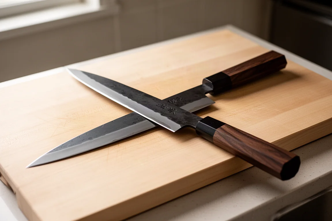Long yanagiba slicing knife with dark forged blade on wooden board
