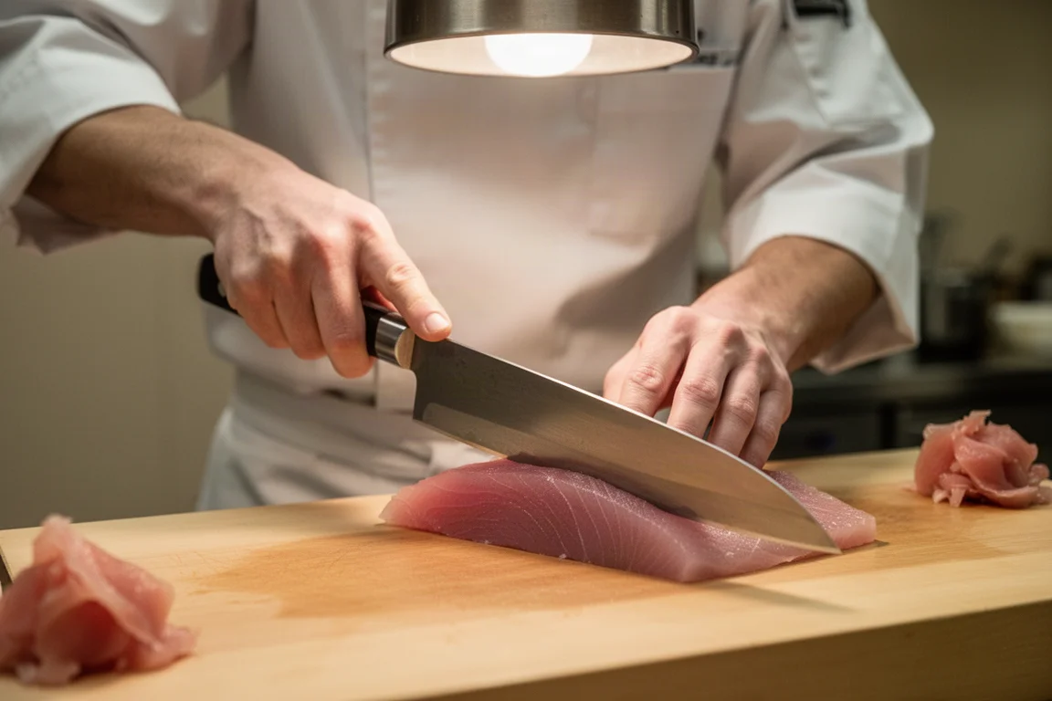Sushi chef slicing raw fish with a long yanagiba knife