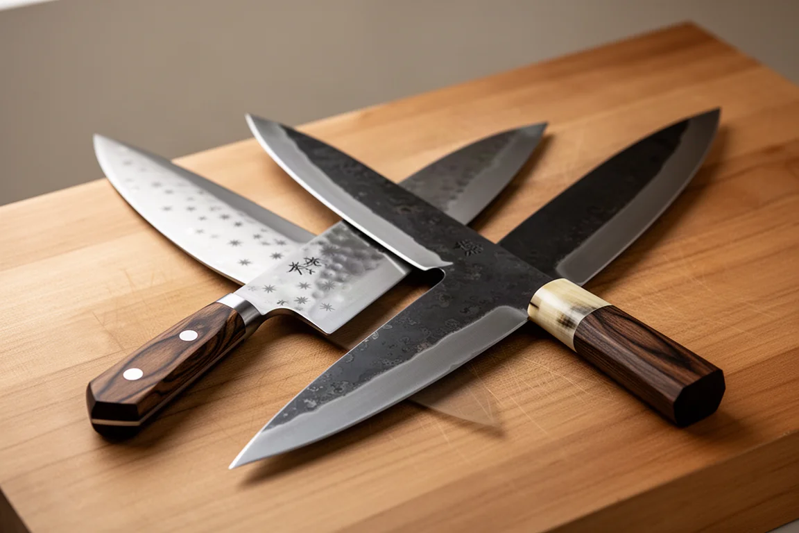 Yu Kurosaki Senko ironwood-handled knife beside a Hatsukoro yanagiba on a wooden surface